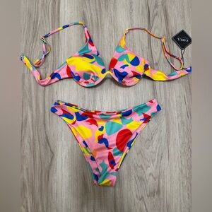 Zaful Colorful Abstract Print Bikini Set NWT Ribbed Pink Size Medium 🩷